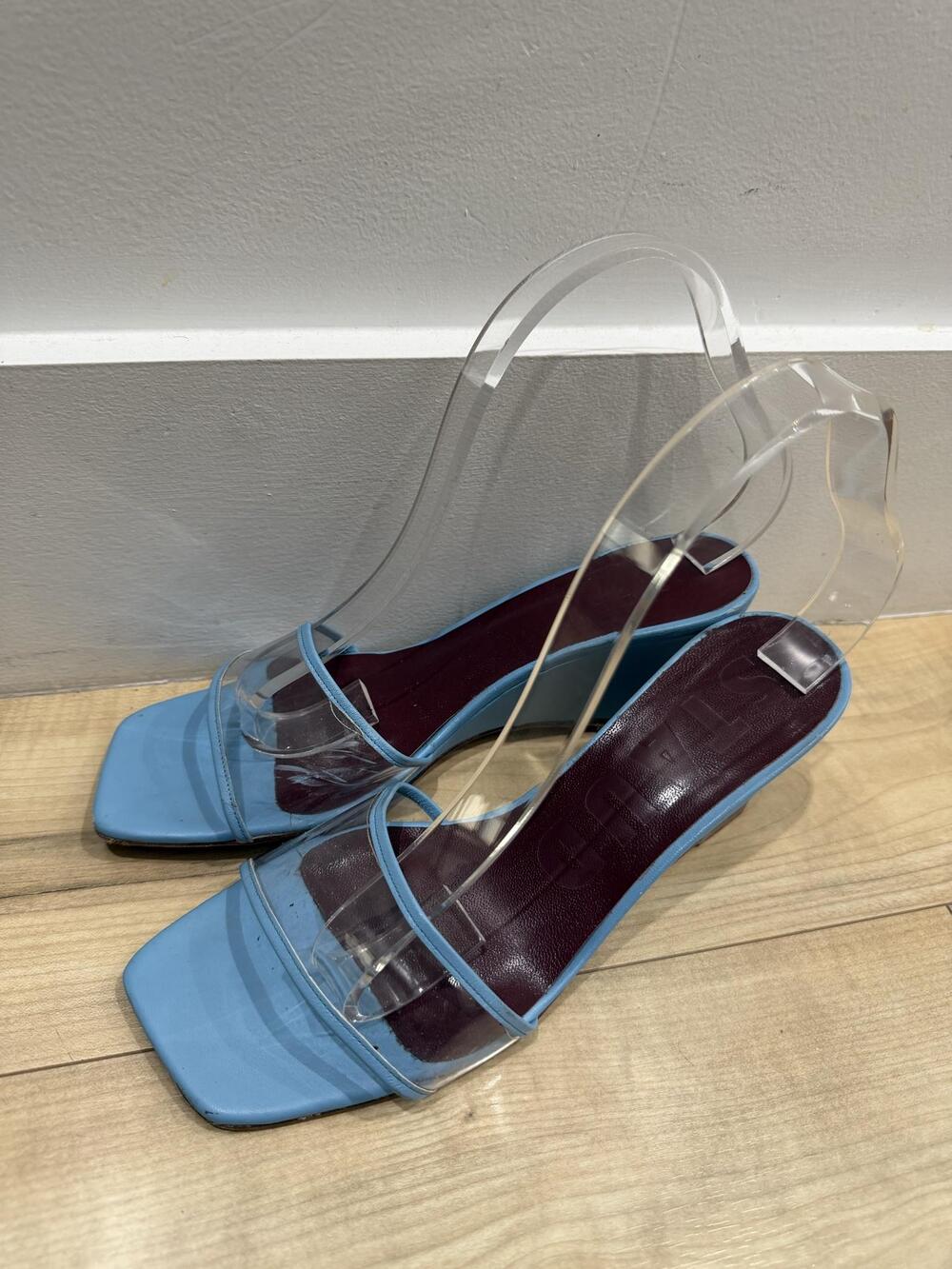 STAUD Sandals Womens Size 9.5 Blue Leather Clear Strap Wedge Slide Shoes Heels